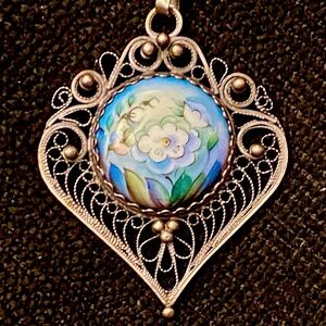 Vintage Russian Finift Painted Enamel Floral Flower Filigree Silver Pendant